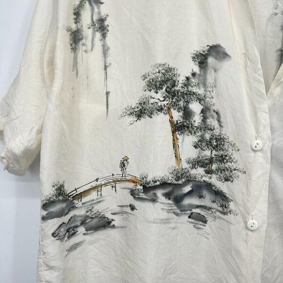 Unbranded Satin Ivory Asian Print Short Sleeve Oversized Button Up Top Small - Picture 1 of 9